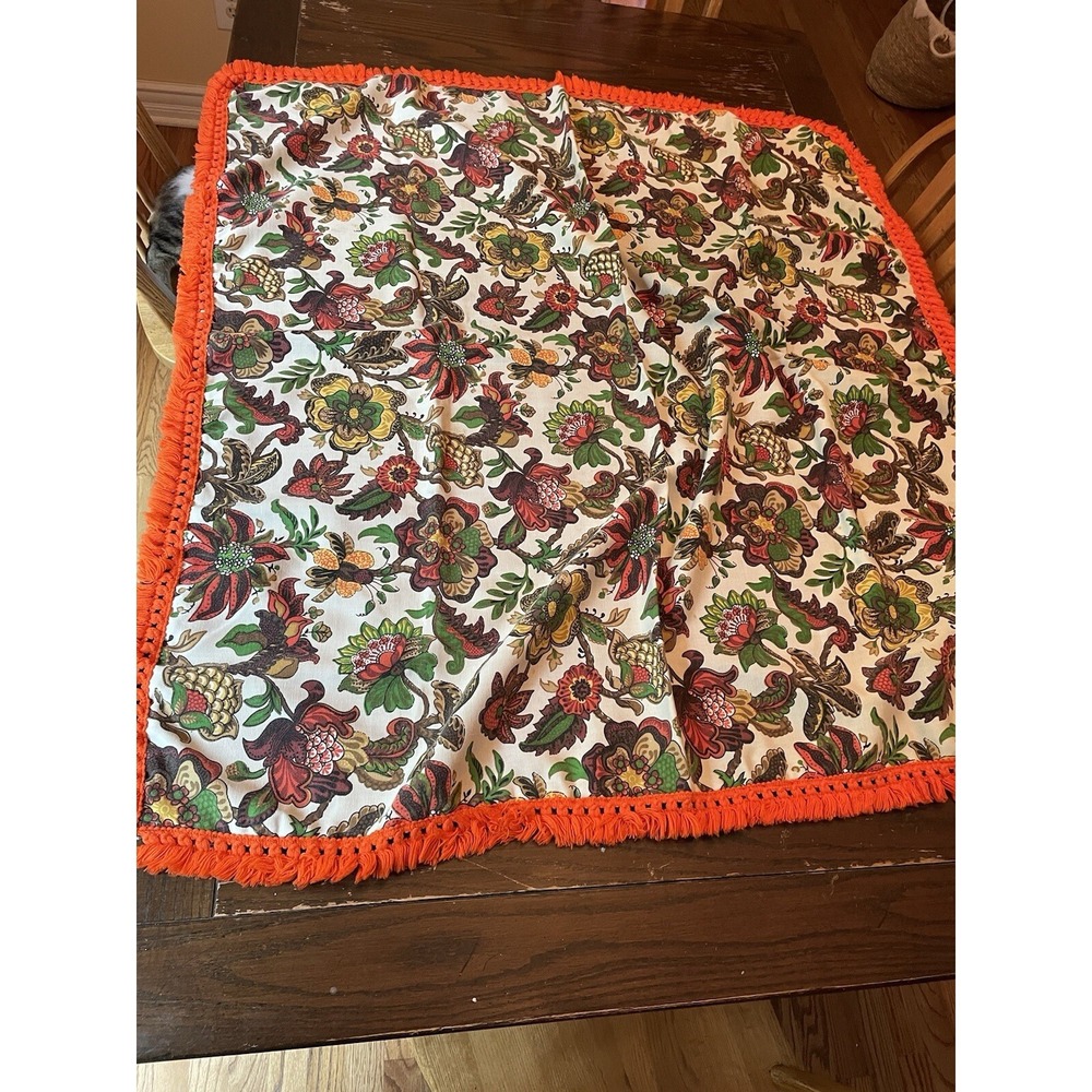 Tablecloth Mid Century 1970s Retro Rectangle Paisley Orange Gold 45x47 Fringe